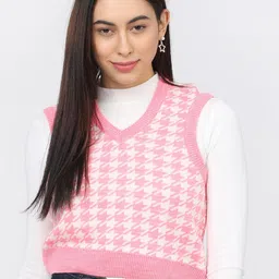 Tokyo Talkies Women Pink & White Checked Acrylic Crop Sweater Vest-image-95