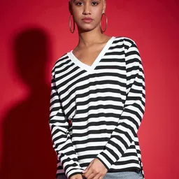 SASSAFRAS Black Striped V-Neck Long Sleeves Pure Cotton Pullover Sweatshirt-image-18