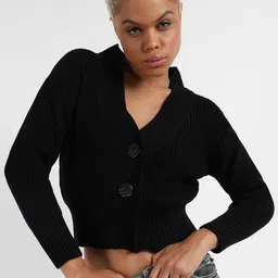 Campus Sutra Ribbed Crop Cardigan Sweater-image-12