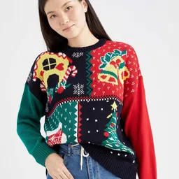 DeFacto Women Navy Blue & Green Printed Pullover-image-0