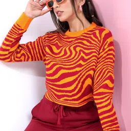 Tokyo Talkies Women Orange & Red Jacquard Pullover Sweater-16