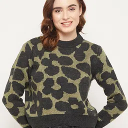 Duke Women Green & Black Self Design Cable Knit Crop Acrylic Pullover-48