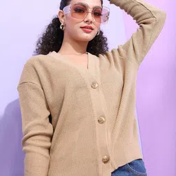 Tokyo Talkies Women Beige Acrylic Cardigan Sweater-image-91