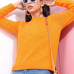 Tokyo Talkies Womens Orange Jacquard Acrylic Pullover-image-26