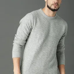 The Roadster Lifestyle Co. Grey Open Knit Self Design Round Neck Acrylic Pullover Sweater-image-84