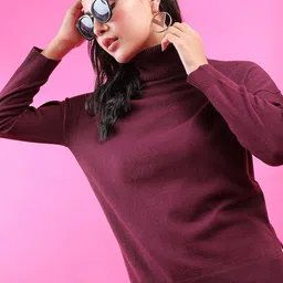 Tokyo Talkies Women Maroon Turtle Neck Acrylic Sweater-image-65