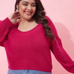 CURVY STREET Women Plus Size Ribbed Acrylic Crop Pullover-picture-35