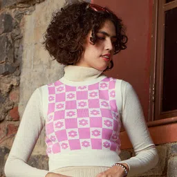 SASSAFRAS Pink & White Checked Nylon Sweater Vest-image-58