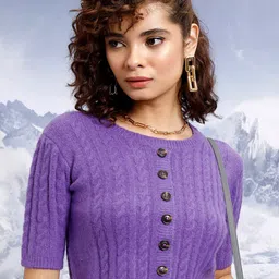 Tokyo Talkies Purple Cable Knit Self Design Crop Front Open Sweater-5