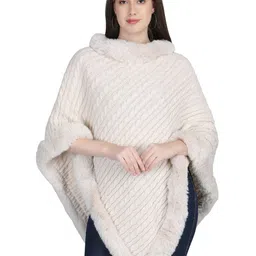Stole & Yarn Off-White Knitted Fur Collar Poncho-image-52