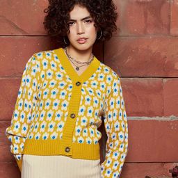 SASSAFRAS Floral Printed V-Neck Ribbed Woollen Cardigan-image-85