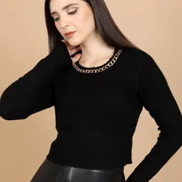 Tokyo Talkies Black Round Neck Ribbed Acrylic Pullover Sweater-picture-18