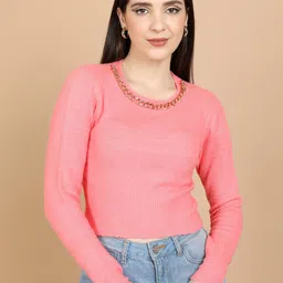 Tokyo Talkies Pink Round Neck Ribbed Acrylic Pullover Sweater-picture-14