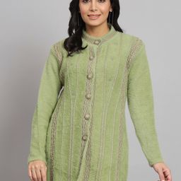eWools Self Design Cable Knit Band Collar Embellished Detail Acrylic Woollen Cardigan-image-9
