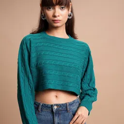 Tokyo Talkies Teal Green Cable Knit Self Design Acrylic Crop Pullover Sweater-picture-53