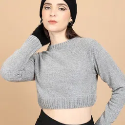 Tokyo Talkies Grey Ribbed Acrylic Crop Pullover Sweater-image-38