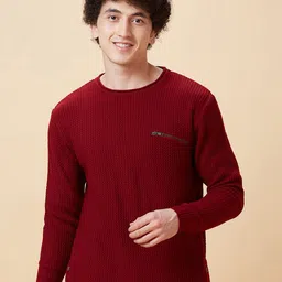 Globus Maroon Striped Round Neck Long Sleeves Zip Detail Pure Acrylic Pullover Sweater-image-48
