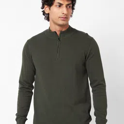 SPYKAR Striped Self Design Mock Collar Half Zipper Ribbed Cotton Pullover Sweater-picture-19