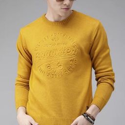 The Roadster Lifestyle Co. Mustard Yellow Typography Embossed Acrylic Pullover Sweater-image-42