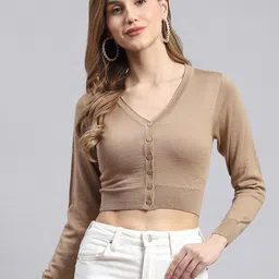 Monte Carlo V-Neck Cropped Pure Woollen Cardigan-image-13