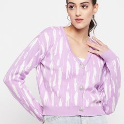 Madame V-Neck Printed Acrylic Crop Cardigan-image-75