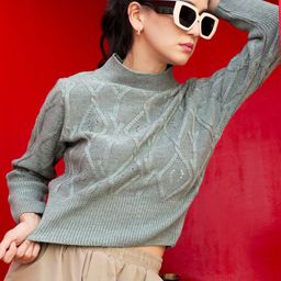 Campus Sutra Sea Green Cable Knit Acrylic Pullover-image-54
