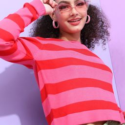 Tokyo Talkies Women Pink & Red Striped Acrylic Pullover Sweater-image-82
