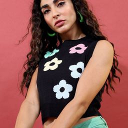 Tokyo Talkies Women Black & Green Jacquard Acrylic Crop Pullover-image-68