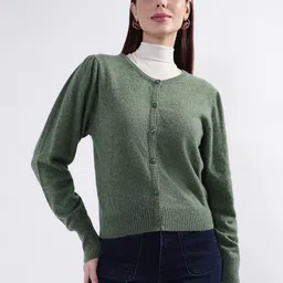 ROOTED Women Green Solid Cardigan-picture-8