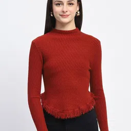 Madame Women Ribbed Pullover with Fringed Detail-image-49