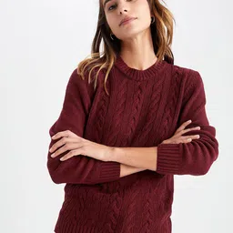 DeFacto Women Maroon Cable Knit Pullover-picture-23
