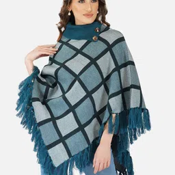 JoE Hazel Women Blue Checked Fringed Poncho-77