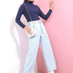 Tokyo Talkies Women Navy Blue & White Striped Acrylic Pullover-image-93