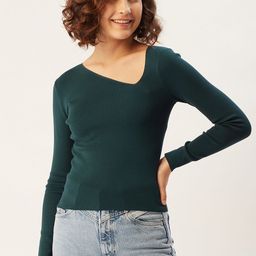MANGO Women Teal Blue Asymmetric V-neck Solid Pullover-image-24