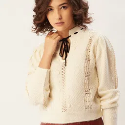 MANGO Women Off White Open Knit Tie-Up Neck Pullover-picture-32