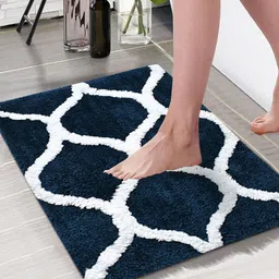 Aura Navy Blue & White Printed Rectangular 1850 GSM Microfiber Bath Rug-23