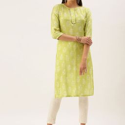KALINI Floral Printed Round Neck Sequinned Straight Kurta-12