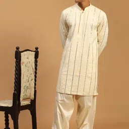 SHRESTHA BY VASTRAMAY Men Cream-Coloured Embroidered Mirror Work Kurta with Patiala image 1