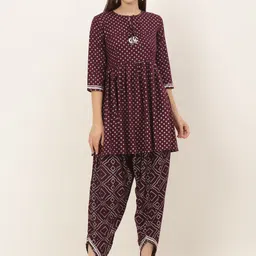 KALINI Women Burgundy Bhandhni Printed Kurti with Dhoti Pants-picture-50