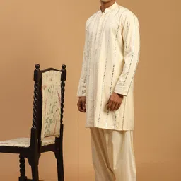 SHRESTHA BY VASTRAMAY Men Cream-Coloured Embroidered Mirror Work Kurta with Patiala image 4