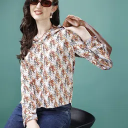 KALINI Floral Printed Tie-Up Neck Satin Top-image-49