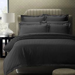 hosta homes Grey Striped Cotton 280TC King Sized Double Bedsheet With 2 Pillow Covers-picture-1