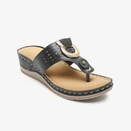 Misto Women Black Embellished T-Strap Flats With Laser Cuts-image-8