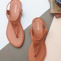 Vishudh Women Tan Embellished T-Strap Flats-image-67