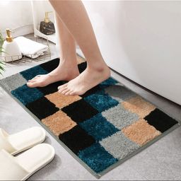 MAA ME CONCEPT Grey & Teal Blue Square Box Design Microfiber Bath Rug-14