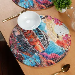 SOKNACK Blue & Pink 6 Pieces Digital Graphic Printed Round Table Placemats-3