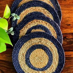 JASMEY HOMES Set Of 4 Navy Blue & Beige Braided Jute Table Placemats-13