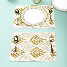 YWULY Yellow & Cream 2 Pieces Floral Beaded Table Placemats-47