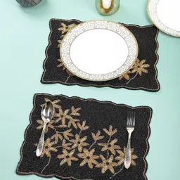 YWULY Black & Gold Toned 2 Pieces Beaded Table Placemats-58