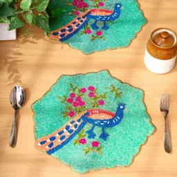 YWULY 2-Pcs Green & Blue Beaded Table Placemats-8